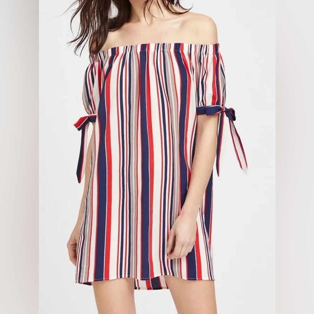 NEW - Striped Off-Shoulder Dress – Red, White & Blue – Size LARGE